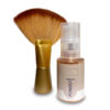 A brush and bottle of makeup on a white background